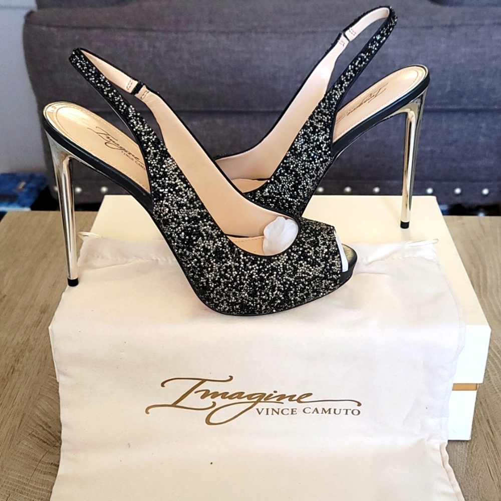 Vince Camuto Black & Diamond Slingback Heels 8.5M